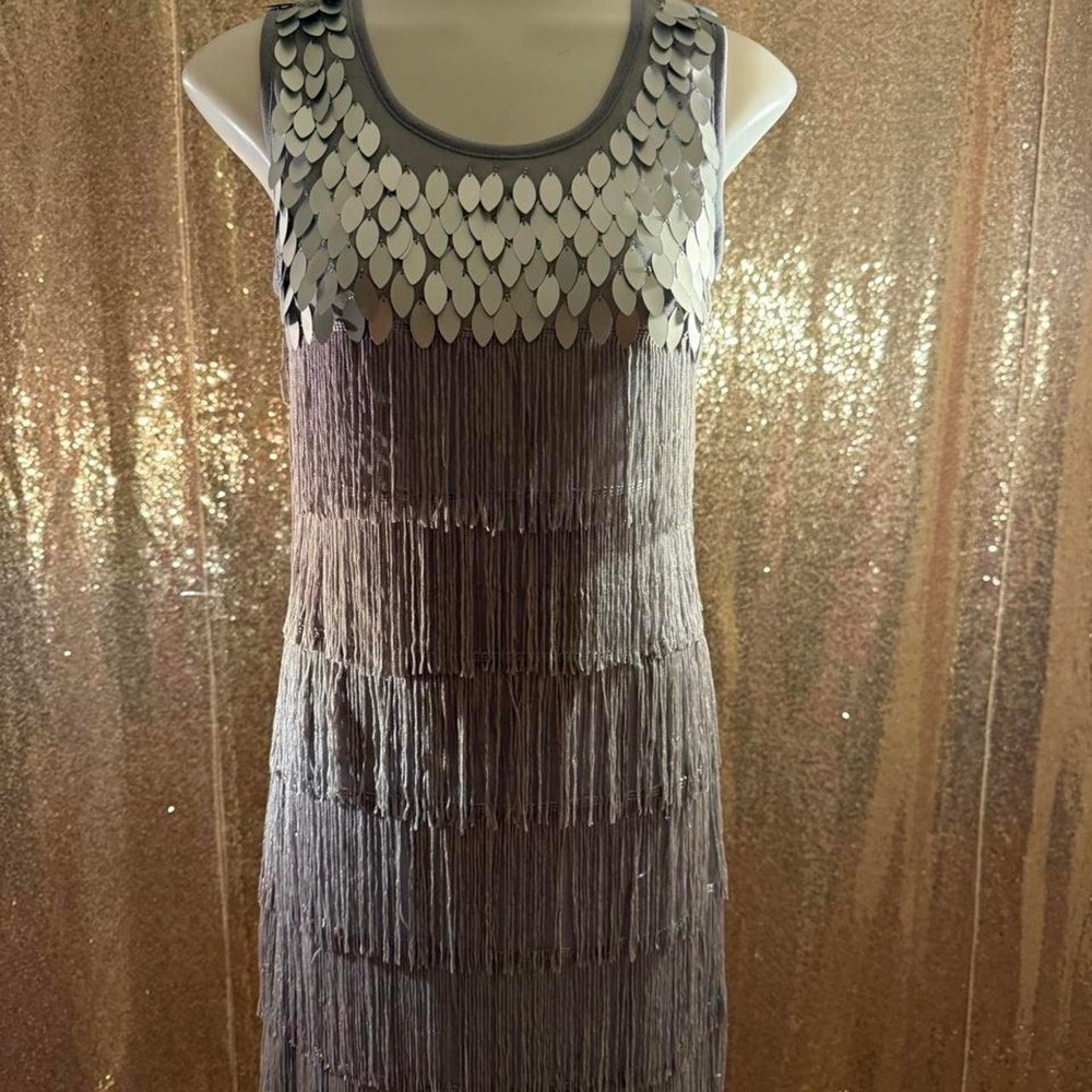 Silver Fringe Flapper Dress Sequin Leaf Bodice Sleeveless Cocktail/Sizes S-M
